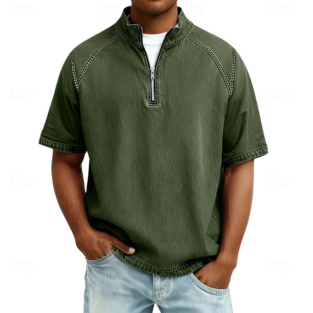 Heren Overhemd van 100% katoen met zure wassing T-shirt Korte mouw Opstaand Herfst winter Lente Herfst Effen Vintage Streetwear Casual Rits omhoog Kledingstuk geverfd Standaard Casual Huis Straat 2026 - $31.99 –P7