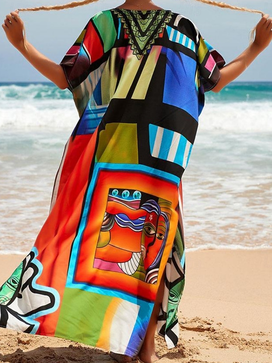 Women's Maxi Dress Beach Dress Casual Dress Boho Dress Cover Up Elegant Fashion Modern Outdoor Vacation Going out Loose Fit Abstract Half Sleeve V Neck Blue Pink Royal Blue Orange Summer Spring 2026 - $29.99 –P12