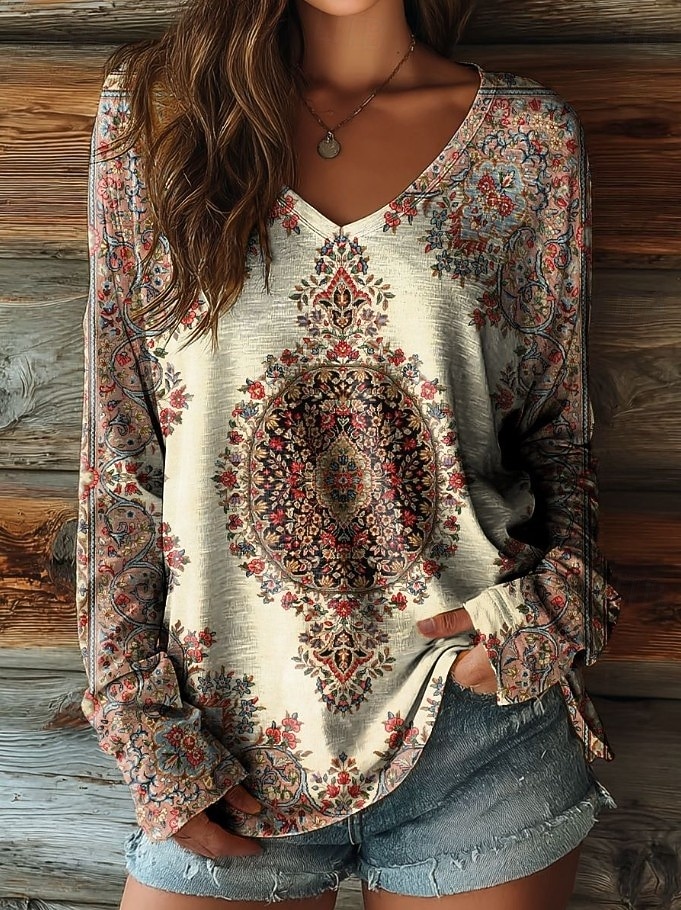 Γυναικείο T-Shirt Boho Λουλουδάτο Γραφικό Φυτά Vintage Στυλάτο Casual Μακρύ Μανίκι V Neck Κανονικά Μπλουζάκια Καθημερινά Σαββατοκύριακο Ρούχα Παραλίας Εκτύπωση Γκρι Μαύρο Μπεζ Καλοκαίρι Άνοιξη 2026 - $24.99 –P1