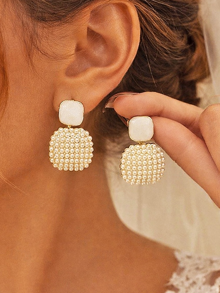 Women's Faux Pearl Square Drop Earrings, Elegant Geometric Statement Jewelry for Weddings, Evening Dinner Parties, and Formal Events, Classic Bridal Accessory Gift 2026 - $7.99 –P3