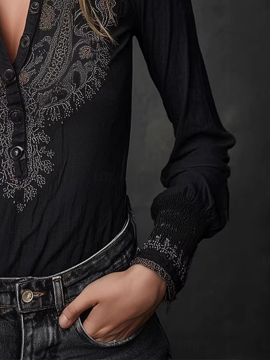 Per donna Camicia Blusa Bottoni Floreale Vintage Elegante Classico Manica Lunga Scollo a V Top Regolari Quotidiano Ferie Uscire Nero Estate Primavera Autunno del 2026 a $56.99 –P4