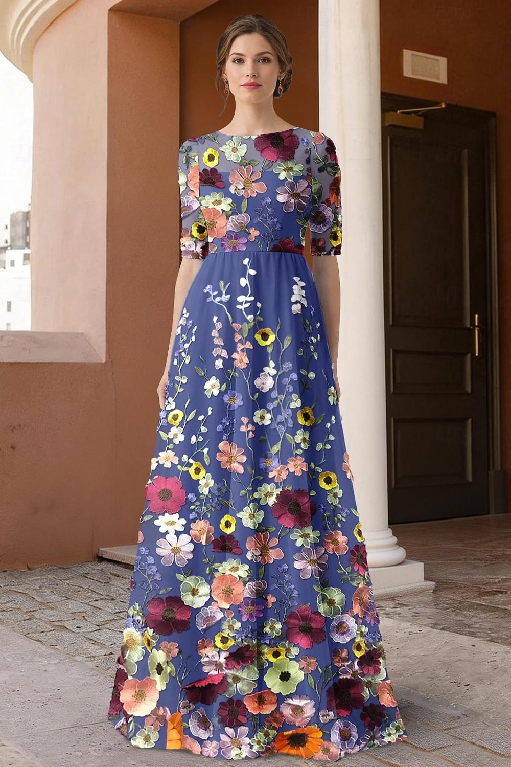 A-linje Kjoler Gulvlengde Festkjole Cocktail Kjole Gjestekjole til bryllup Kjole til brudens mor Halvlange ermer Crew-hals Illusjon Hals Elegant Årgang Formell Blonder Tyll med 3D-blomster Broderi 2026 - $178.99 –P4