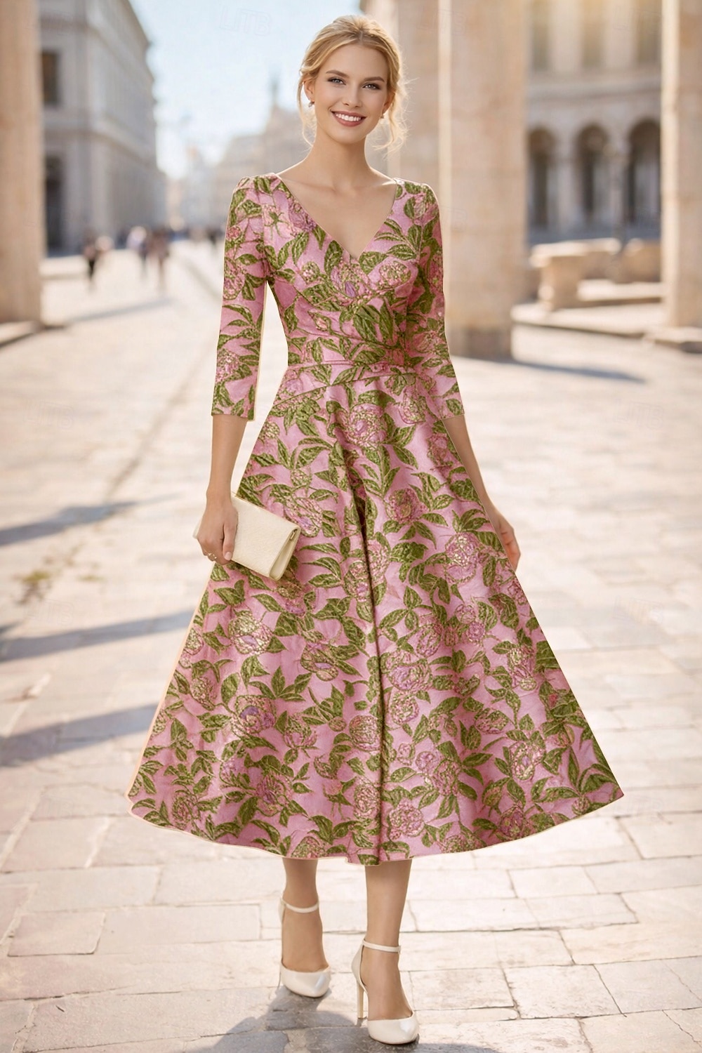 Linha A Longuette Vestidos de cocktail Elegante Floral Manga 3/4 Decote V Casamento Formal Bolsos Jacquard com Pregas de 2026 por $175.99 –P1