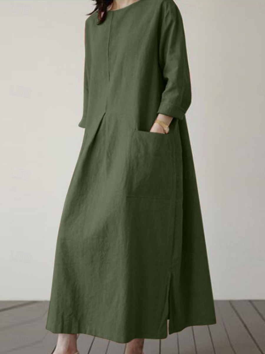 בגדי ריקוד נשים שמלת מיני פשתן כותנה דמוי עור שמלת שיפט יום יומי יומי מונח בצורה רפויה אחיד שרוול ארוך צווארון עגול קצר שחור כתום ירוק צבאי משמש קיץ אביב סתיו 2026 - $34.99 –P1