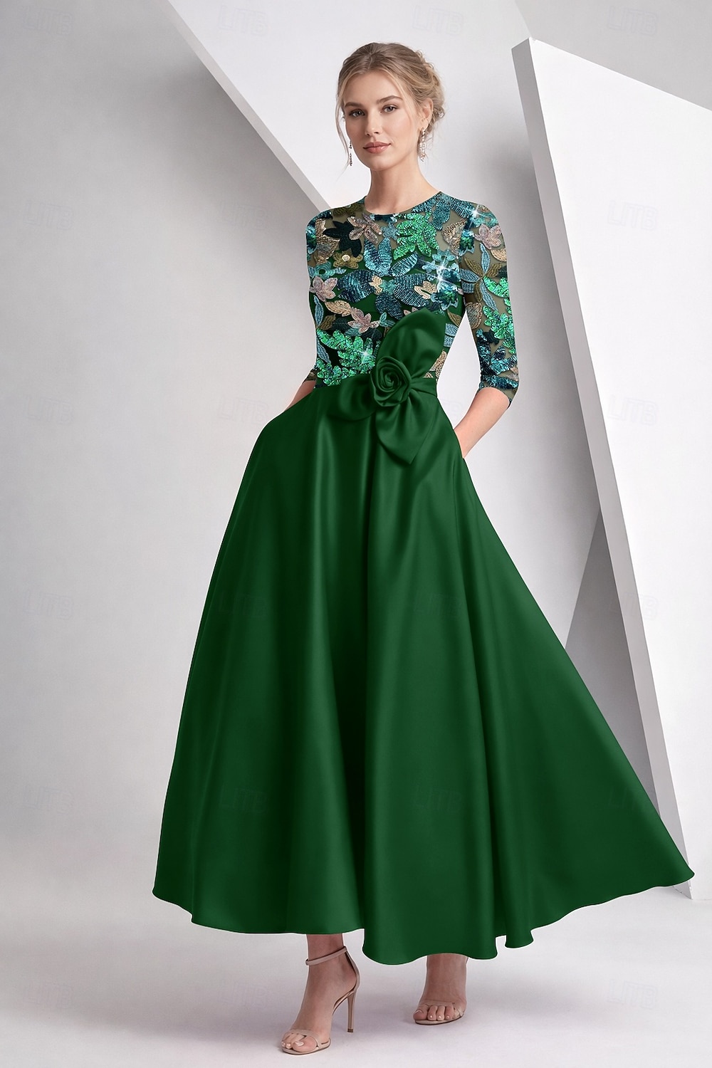 Linia -A Lungime Gleznă Brodat cu mărgele Rochie formala Rochia Mamei Miresei Rochii de cocktail Elegant strălucitoare Floral Lungime Manșon 3/4 Iluzii Nuntă Oficial Buzunar Satin Paiete Glugă la 2026 - $197.99 –P1