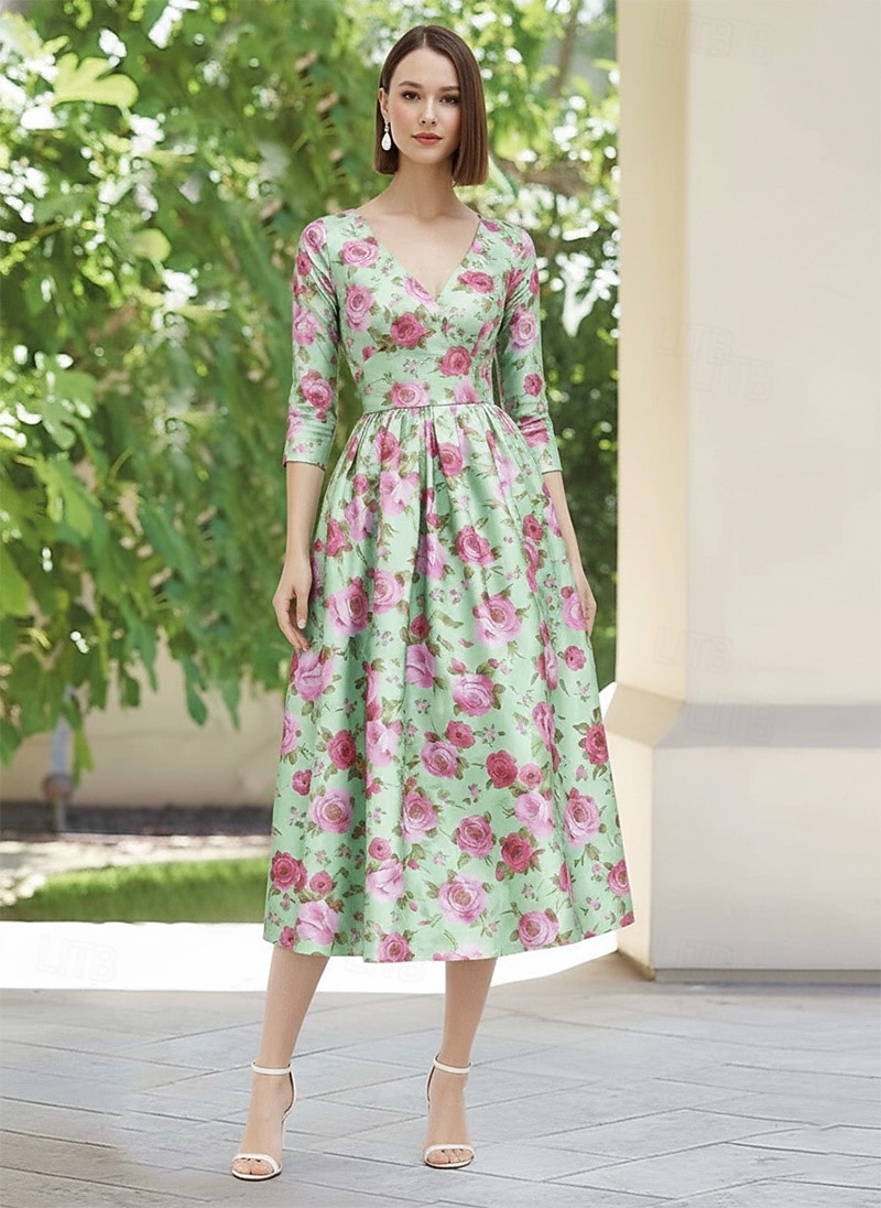 Linha A Longuette Vestido Coquetel Vestido de convidada de casamento Vestido Para Mãe dos Noivos Manga 3/4 Decote V Elegante Simples Casual Formal Cetim Elástico com Pregas Estampado de 2026 por $194.99 –P2