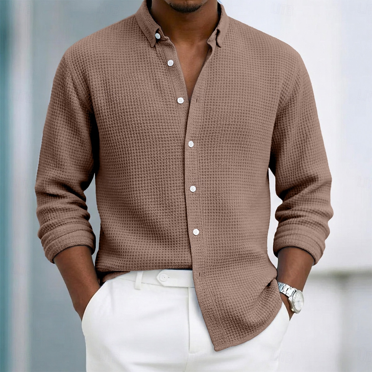 Bărbați Cămașă Cămașă Waffle Cămașă casual Camașă cu nasturi Negru Alb Roșu Vin Bleumarin Maro Manșon Lung Simplu Rever Casual Zilnic Îmbrăcăminte Modă Șic Stradă Smart casual 2026 - $29.99 –P10