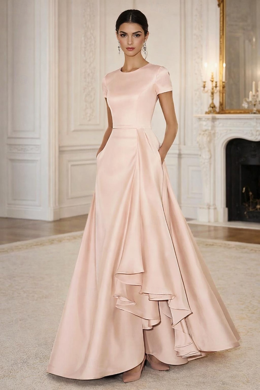 Linea ad A Asimmetrico Lunghezza al pavimento Abito da Sera Da principessa Abito formale Elegante Setoso Manica Corta Girocollo Matrimonio Formale Tasca Raso Shiena scoperta con Fiore ricamato Pieghe del 2026 a $148.99 –P1