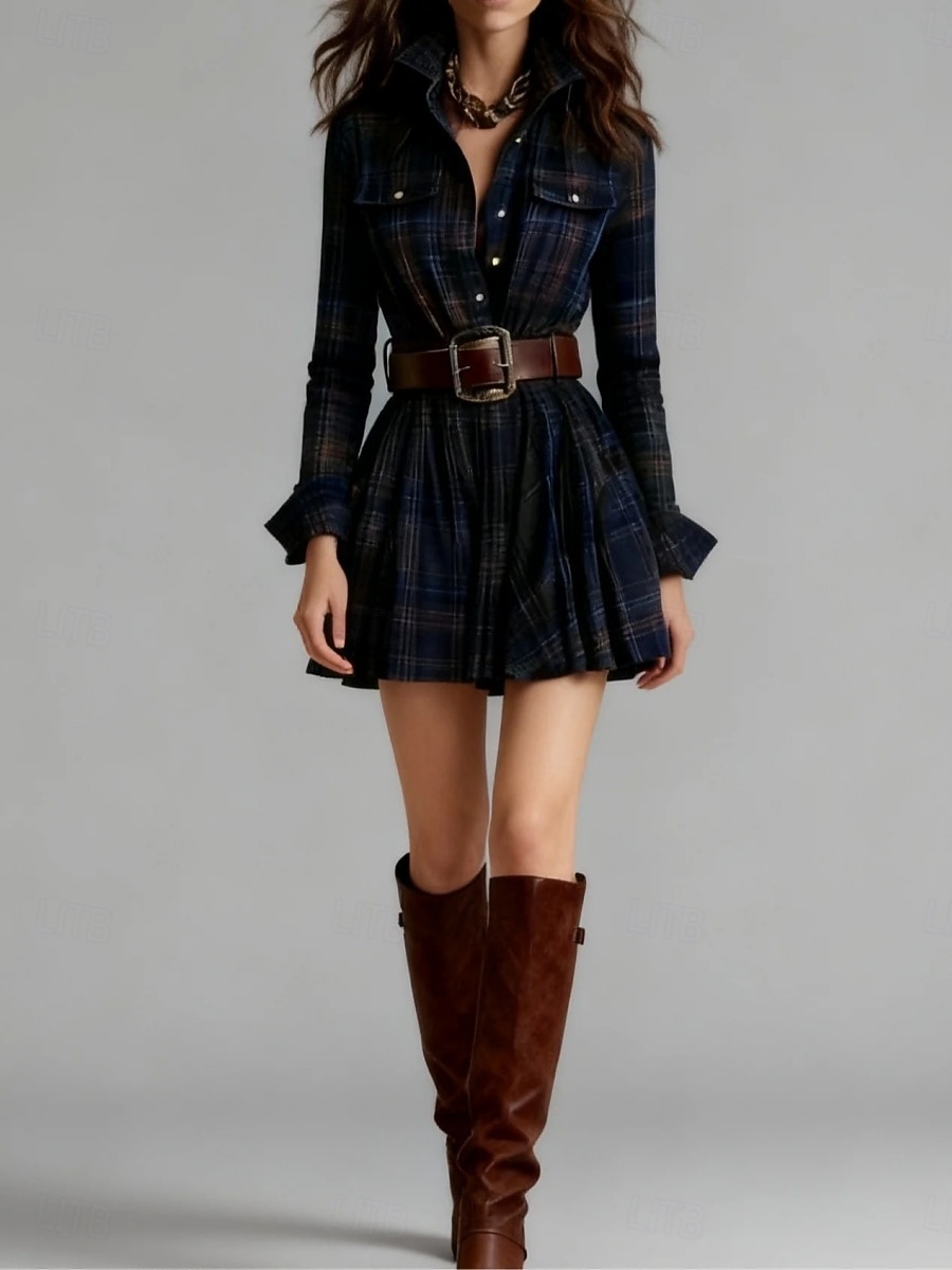 Dames Mini-jurk Geruite Jurk Shirtjurk Boho-jurk Vintage Modieus Buiten Vakantie Feestdagen Normale pasvorm Ruitjes Lange mouw Overhemdkraag Wit Donkergroen Bruin Donkerblauw Zomer Lente Herfst 2026 - $36.99 –P3