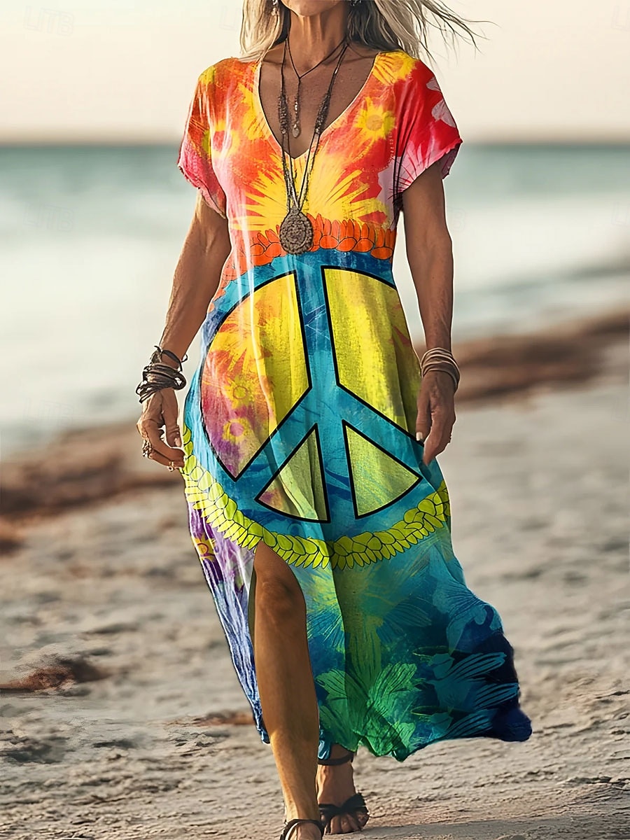 Women's Maxi Dress T Shirt Dress Tee Dress Sundress A Line Dress Vacation Casual Beach Going out Loose Fit Ombre Graphic Short Sleeve V Neck Blue Yellow Orange Summer Spring 2026 - $27.99 –P1