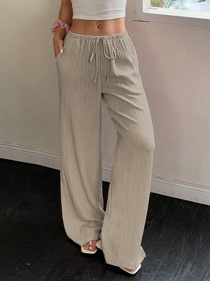 Damen Hose Sommerhose Baggy-Hosen Strandhose Urlaub Basic Volle Länge Mittlere Taille Einfarbig Einfach Kordelzug Gerader Schnitt Komfort Weich Atmungsaktiv Unelastisch Täglich Strand Ferien Beige 2026 - $21.99 –P2