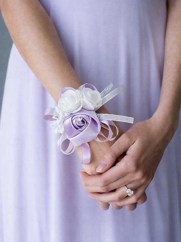 Ramillete de muñeca de rosas para mujer, flor de cinta de poliéster con pulsera elástica de perlas falsas, varios colores, accesorio elegante para damas de honor y novias para bodas, bailes de graduación y eventos formales. 2026 - $9.99 –P2