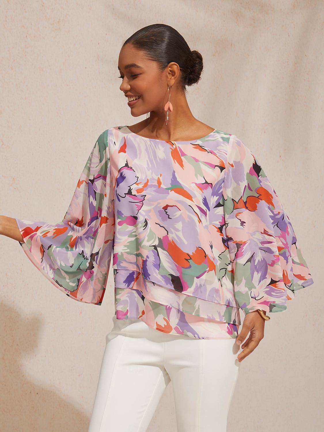 Spring Blooms Flowy Chiffon Layered Design Pink Blouse 2026 - $67.99 –P5