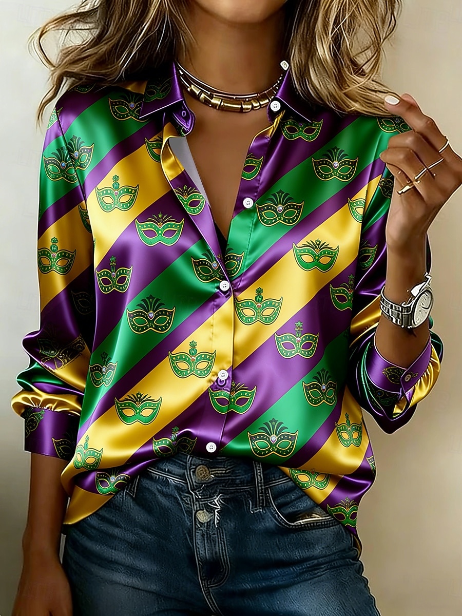 Mardi Gras Dámské Košile Grafika Geometrický Vinobraní stylové Moderní Dlouhý rukáv Košilový límec Běžné topy Denní Dovolená Fialová Trávová zelená Léto Jaro 2026 - $28.99 –P1