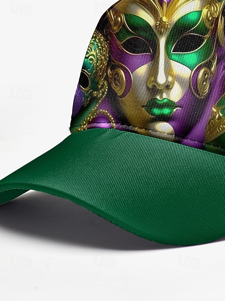 Gorra de béisbol de poliéster para hombre con estampado de máscara de Mardi Gras, ajuste ajustable, varios colores, ideal para carnaval, festivales y atuendos casuales. 2026 - $14.99 –P10