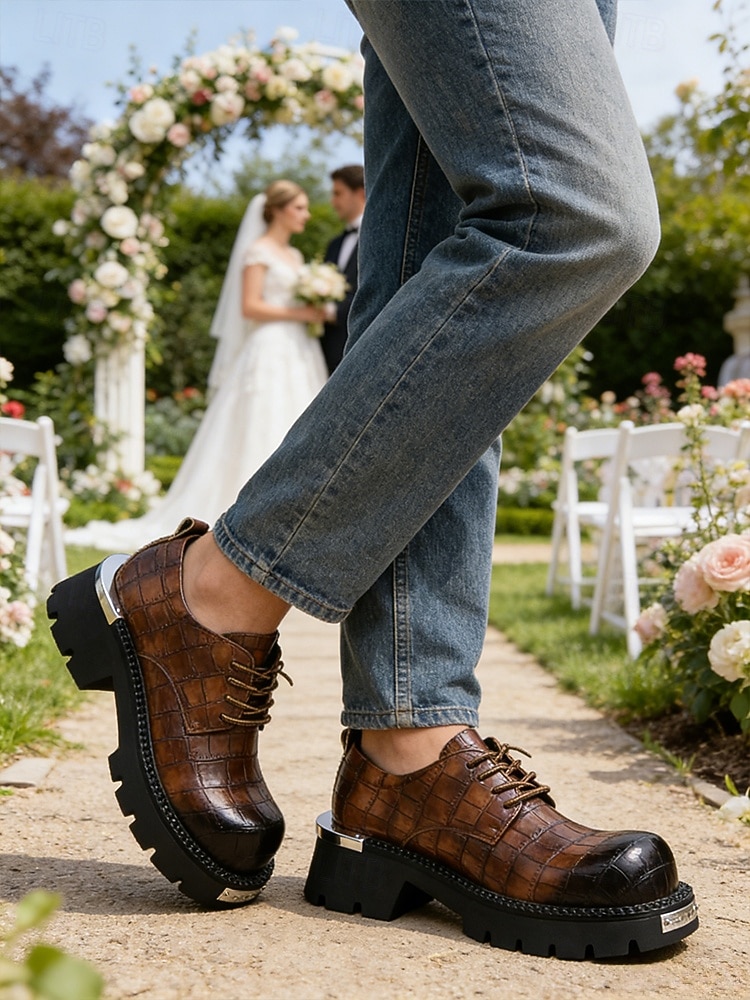 Pánské hnědé šněrovací boty z umělé kůže s robustní podrážkou, ležérní a zároveň elegantní svatební boty, skvělé pro svatební hosty i ženichy 2026 - $64.99 –P1