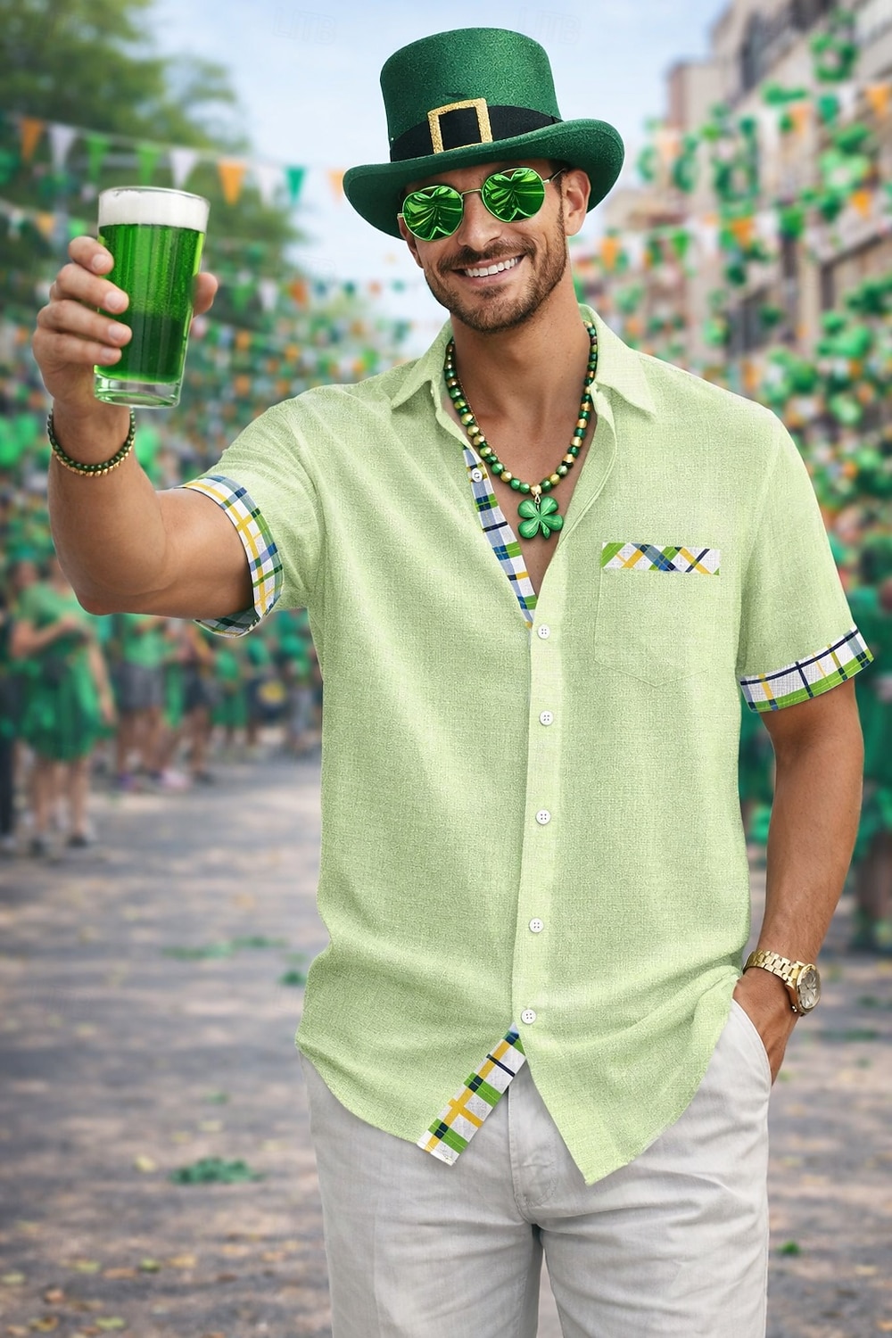 herenoverhemd linnen overhemd St. Patrick's Day zomeroverhemd strandkleding overhemd met knoopsluiting effen kleur casual strand korte mouwen kraag zomer lente &zomerkleding, kleding in kleurblokken 2026 - $26.99 –P1