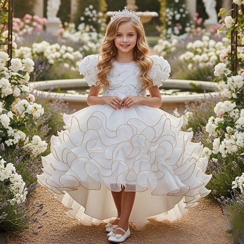 Abito da damigella d'onore bambina Ragazze Abito formale Abiti da sposa Feste Matrimonio Formale Moda Formale Principessa Abito per la Prima Comunione Rete Tinta unica Manica Corta Girocollo Bianco del 2026 a $62.99 –P5