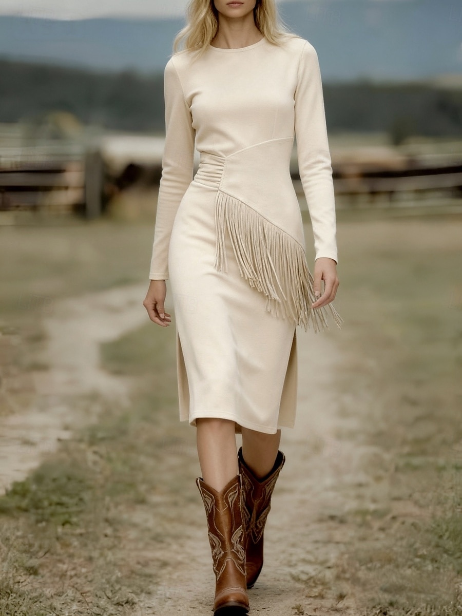 Damen Midikleid Langes Kleid Maxikleid Vintage-Kleid Kleid aus Wildlederimitat Vintage Mode Täglich Outdoor Urlaub Normale Passform Einfach Langarm Rundhalsausschnitt Schwarz Braun Aprikose Sommer 2026 - $34.99 –P7