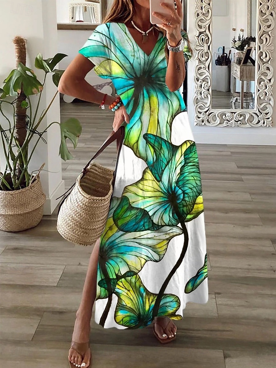 Per donna Abito maxi Vestito Estivo Vestito T-Shirt Abito a trapezio Vacanza Casual Spiaggia Uscire Vestibilità comoda Floreale Grafico Manica Corta Scollo a V Giallo Viola Verde Estate Primavera del 2026 a $27.99 –P1