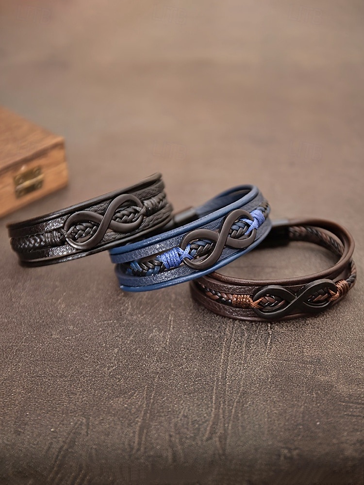 Мужской браслет в виде знака бесконечности из искусственной кожи и сплава, многослойная плетеная конструкция, винтажный стиль, различные цветовые варианты, идеально подходит для отдыха и повседневной носки. 2026 - $7.99 –P5
