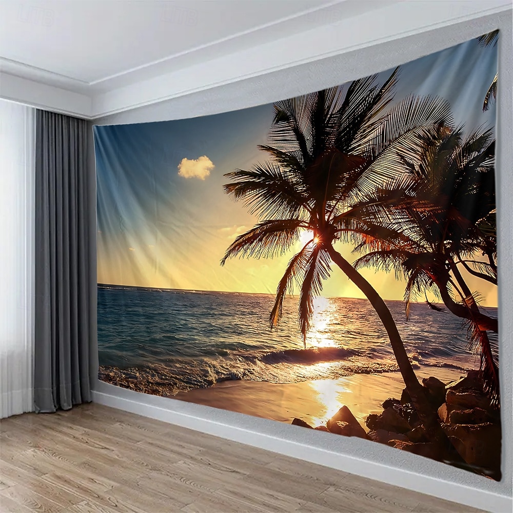 solnedgang strand billedteppe veggteppe hav sjøbølger solstråler natur landskap veggkunst til stue yogarom meditasjonsrom dekor 2026 - $16.99 –P4