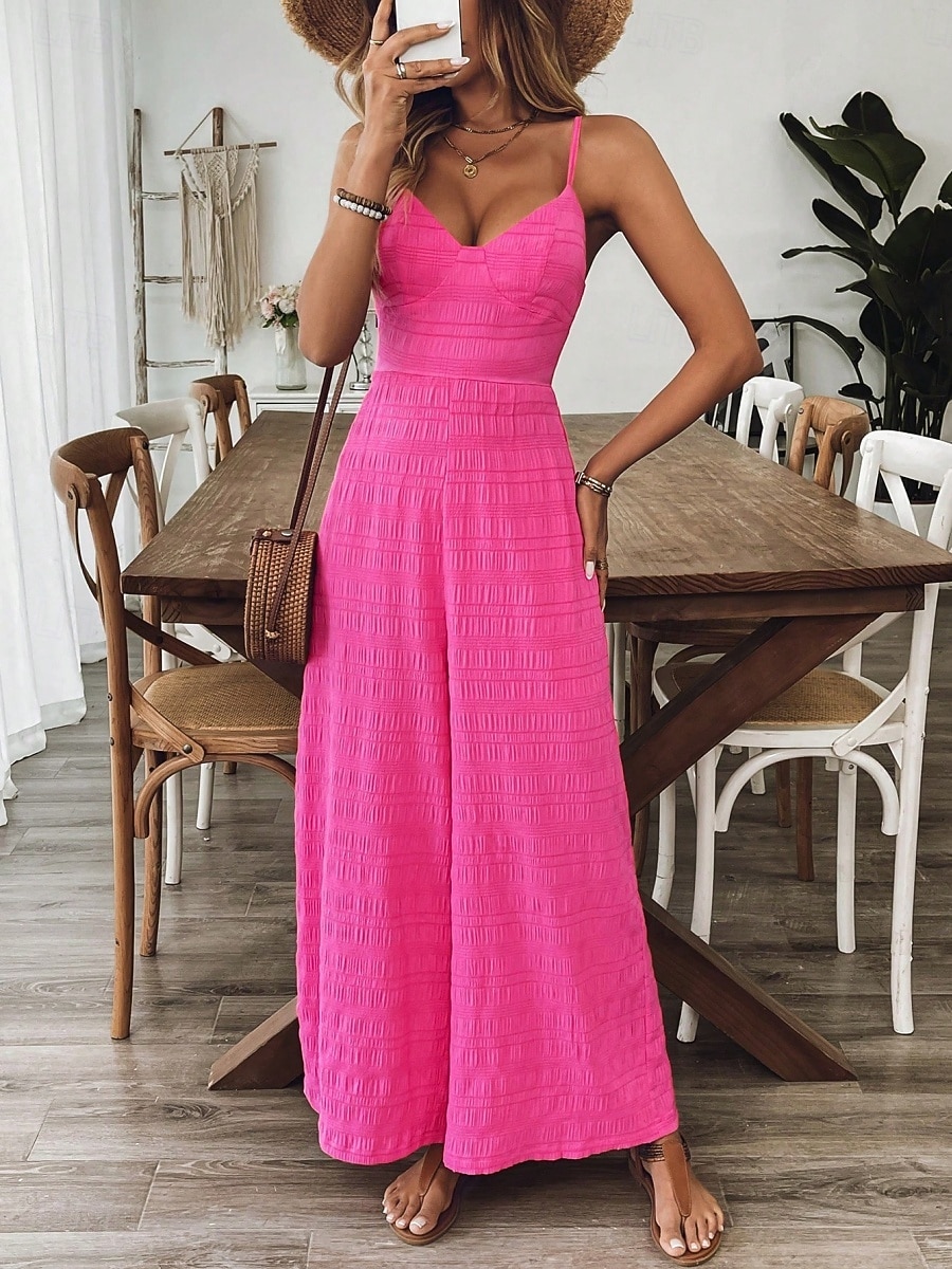 Per donna Normale Tuta Attivo Tinta unica Senza Maniche Gamba larga Scollo a V Fiocco Senza schiena Quotidiano Vacanza Vestibilità regolare Fucsia Estate del 2026 a $25.99 –P7