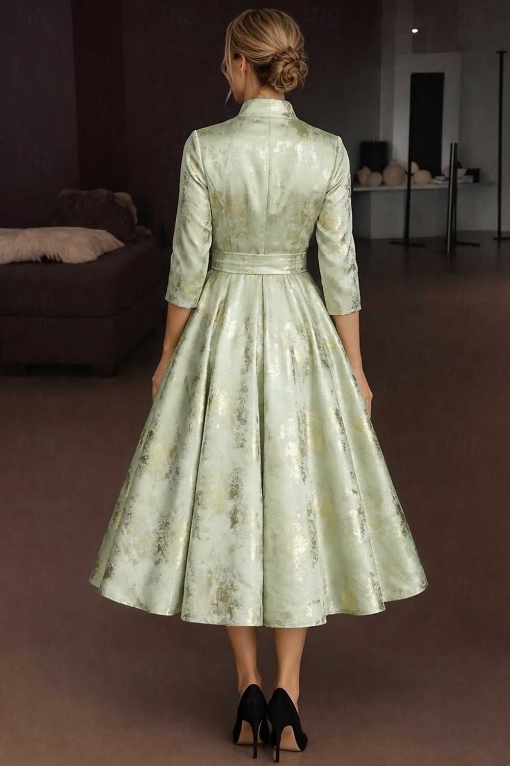 A-linje Te-lengde Skjortekjole Formell kjole Aftenkjole Kjole til brudens mor 3/4 ermer Skjortekrage Elegant Årgang Formell Jacquard med Belte / bånd Sløyfe(r) Blomst 2026 - $178.99 –P2