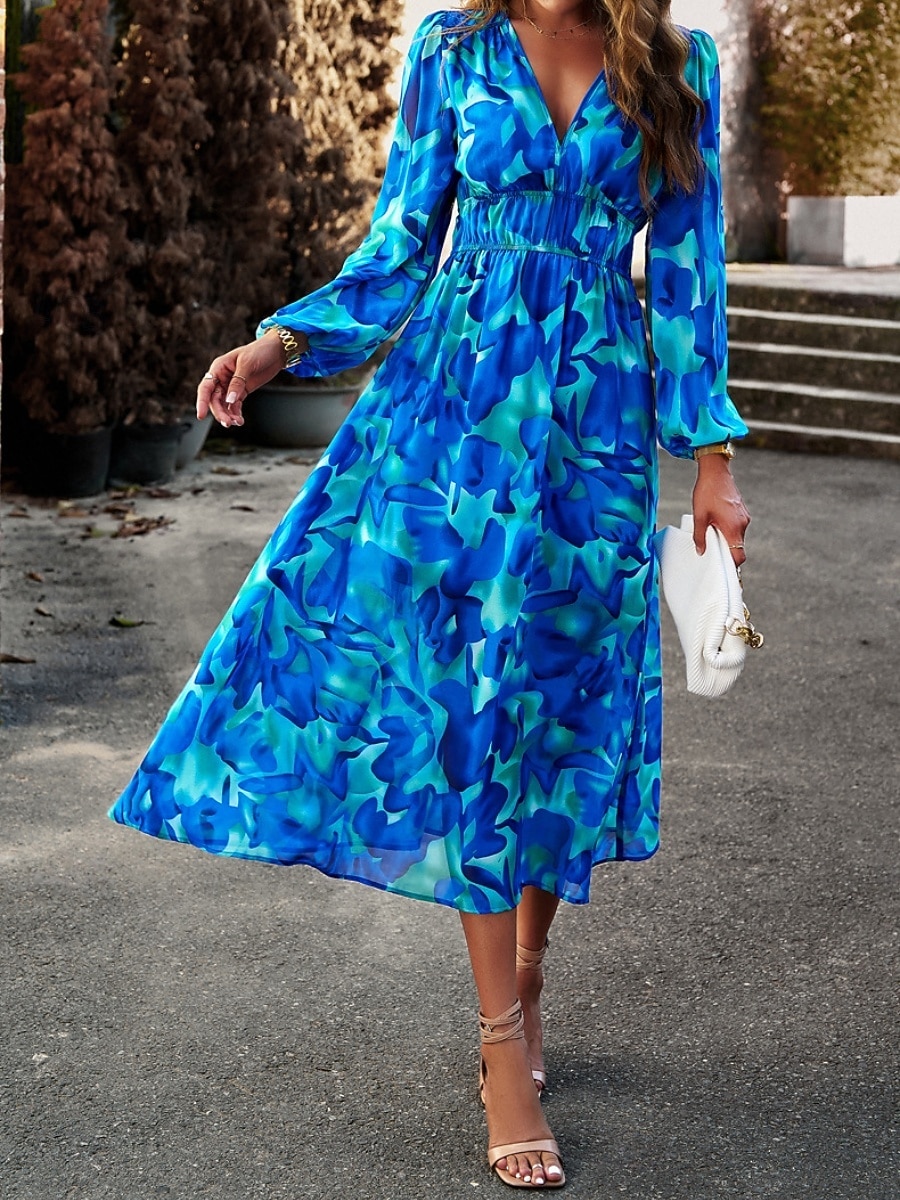 Per donna Abito Midi Abito a trapezio Vacanza Casual All'aperto Uscire Vestibilità regolare Floreale Manica Lunga Scollo a V Blu Verde Albicocca Estate Primavera Autunno del 2026 a $54.99 –P10