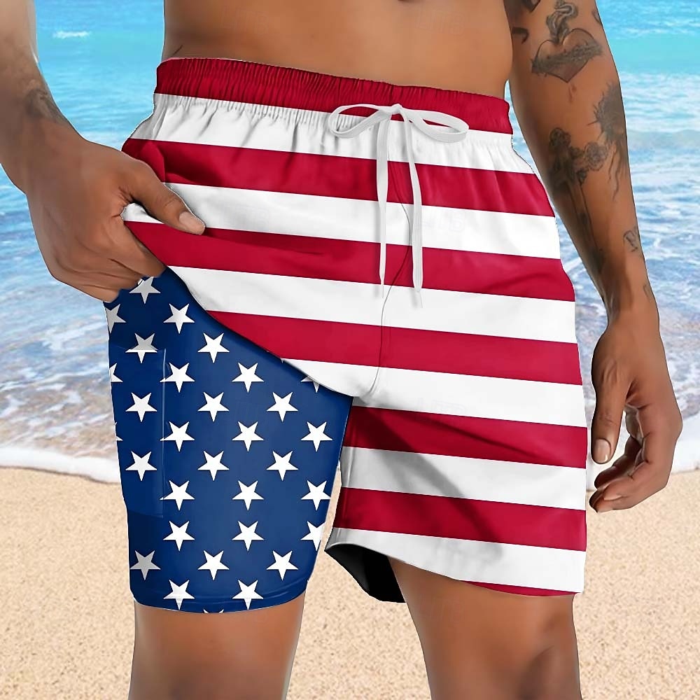 Men's 4th of July U.S. 250th Anniversary US Flag Patriotic Lined Shorts 2 in 1 Board Shorts Swim Shorts Mid Waist Fashion Casual Holiday Side Pockets With Compression Liner Elastic Drawstring Waist 2026 - $20.99 –P1