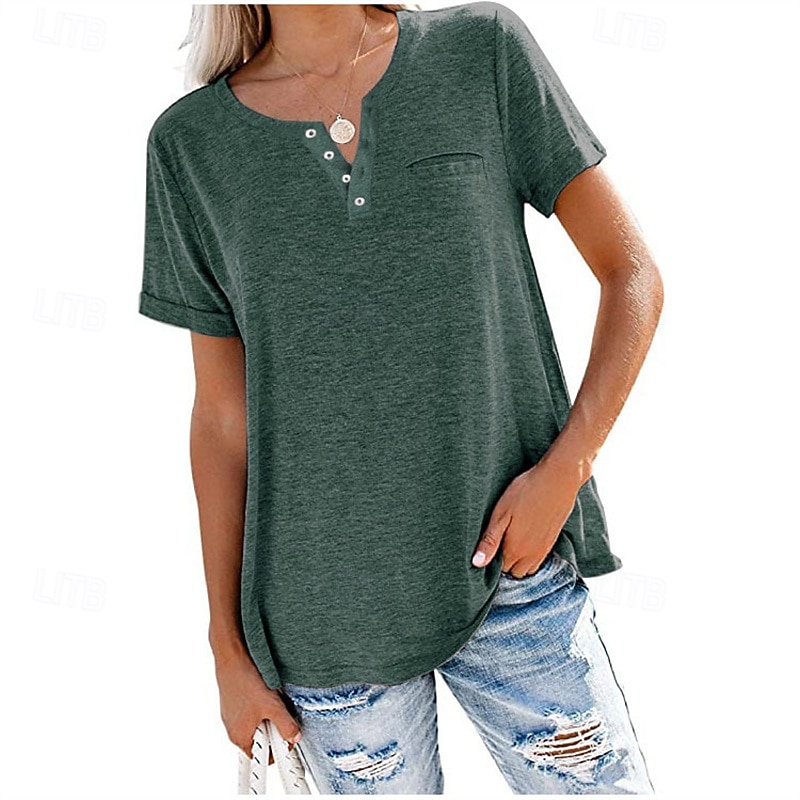 Mujer Tops de verano Blusa Frunce Retazos Bolsillo Color sólido Plano Elegante Vintage damas Manga Corta Escote en Pico Tops regulares Diario Trabajo Festivos Rosa Morado Verde Trébol Caqui Verano 2026 - $29.99 –P2