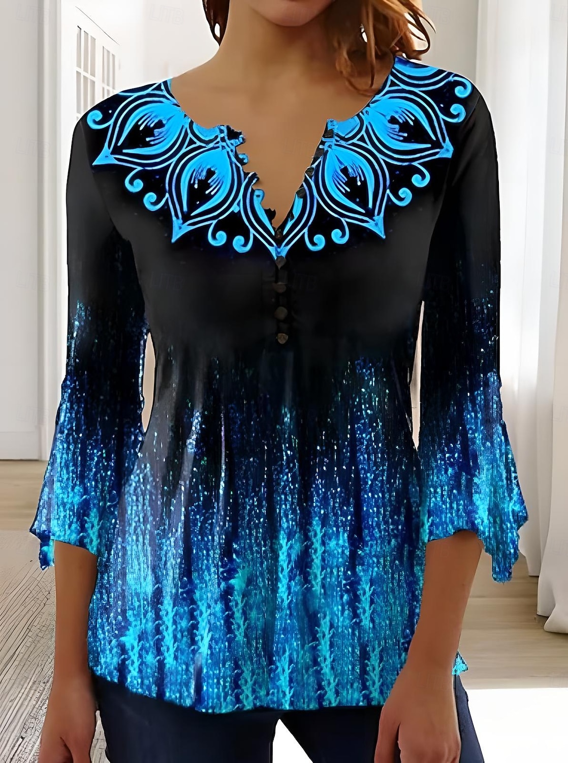Women's T-Shirt  Ombre Floral Graphic Elegant Vintage Stylish 3/4 Length Sleeve V Neck Regular Tops Daily Going out Buttons Blue Pink Red Green Summer Spring 2026 - $26.99 –P1