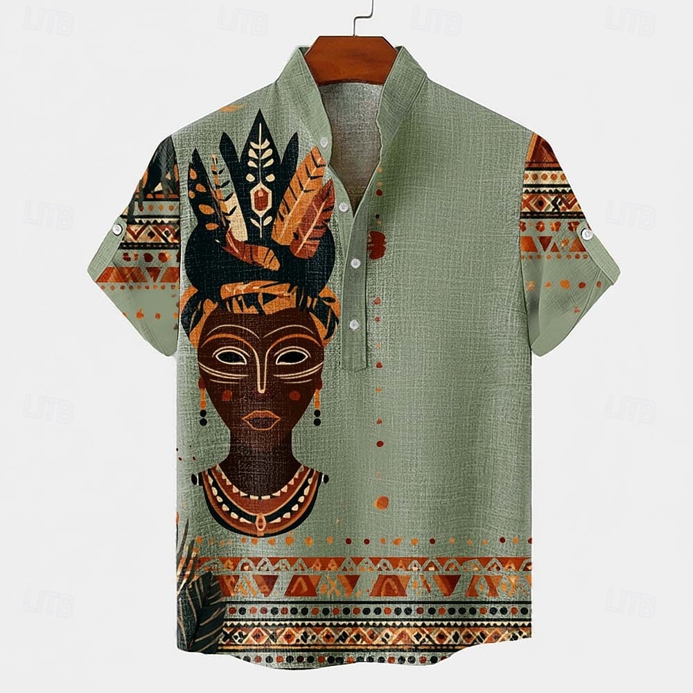 Herr Etik / afrikansk Urfolk Skjorta Button Down skjorta Kortärmad Vintage retro Helgdag Ledigt / vardag Sommar Vår Kinakrage Henley krage 3D-utskrift Linne som skjorta 다크 카키 Svart Grön Kaki 2026 - $25.99 –P4