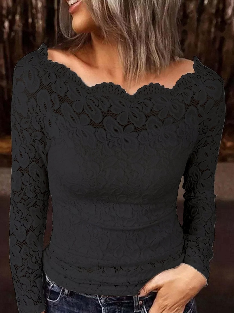 Pentru femei Bluză Dantelă Peteci Culoare solidă Elegant Stilat De Bază Manșon Lung De Pe Umăr Topuri obișnuite Zilnic Negru Alb Roșu-aprins Bleumarin Trifoi Primăvară Toamnă 2026 - $22.99 –P2