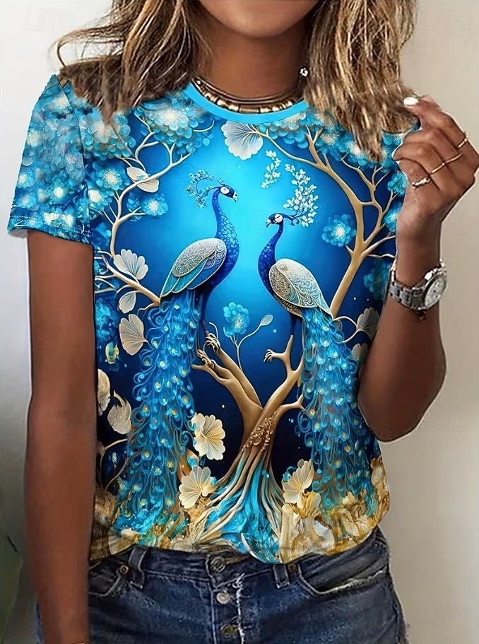 Per donna Maglietta Stampato Floreale Grafico Animale Vintage Elegante Classico Manica Corta Girocollo Top Regolari Quotidiano Weekend Blu Blu Reale Verde scuro Viola Beige Estate Primavera del 2026 a $22.99 –P3