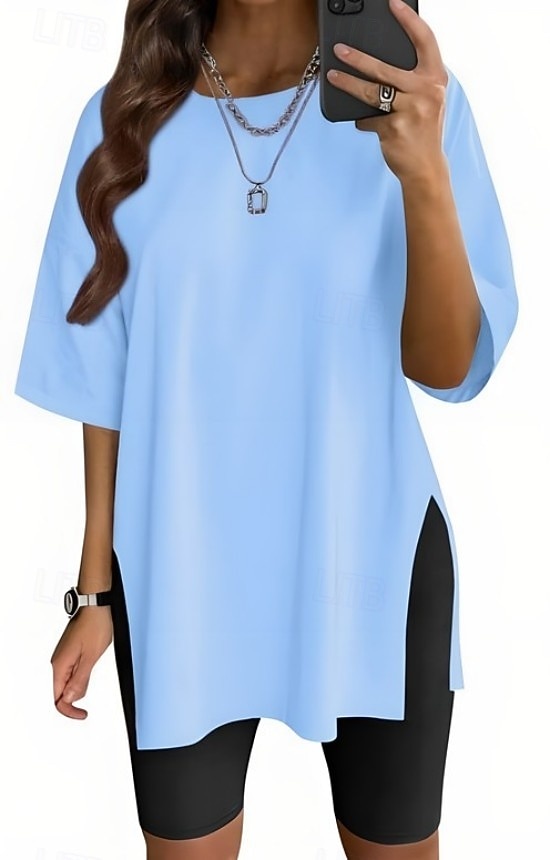 Dames T-shirt Zijsplit Effen Kleur Grafisch Modieus Klassiek Casual Korte mouw Strakke ronde hals Ronde hals Lange tops Dagelijks Uitgaan blauw Zwart Wit Lichtgroen Blozend Roze Zomer Lente 2026 - $21.99 –P6