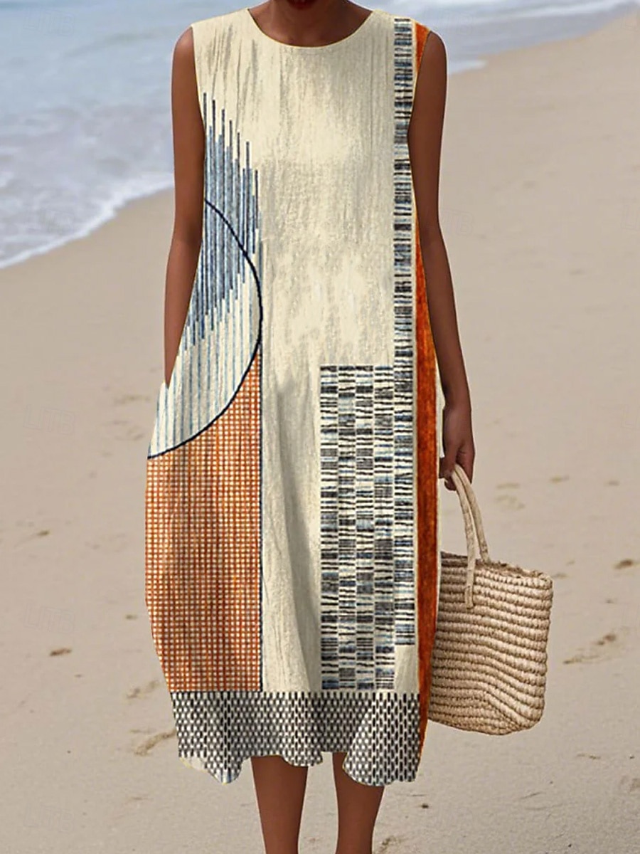 Γυναικείο Midi Φόρεμα Λινό Φορέμα Ήλιου Σαφάρι Φόρεμα Α-Γραμμή Φόρεμα Διακοπών Καθημερινό Μποχό Παραλία Βγαίνοντας Χαλαρή Εφαρμογή Γραφικά Γεωμετρικά Αμάνικο Crew Neck Μπλε Κόκκινο Καφέ Πράσινο 2026 - $16.49 –P3