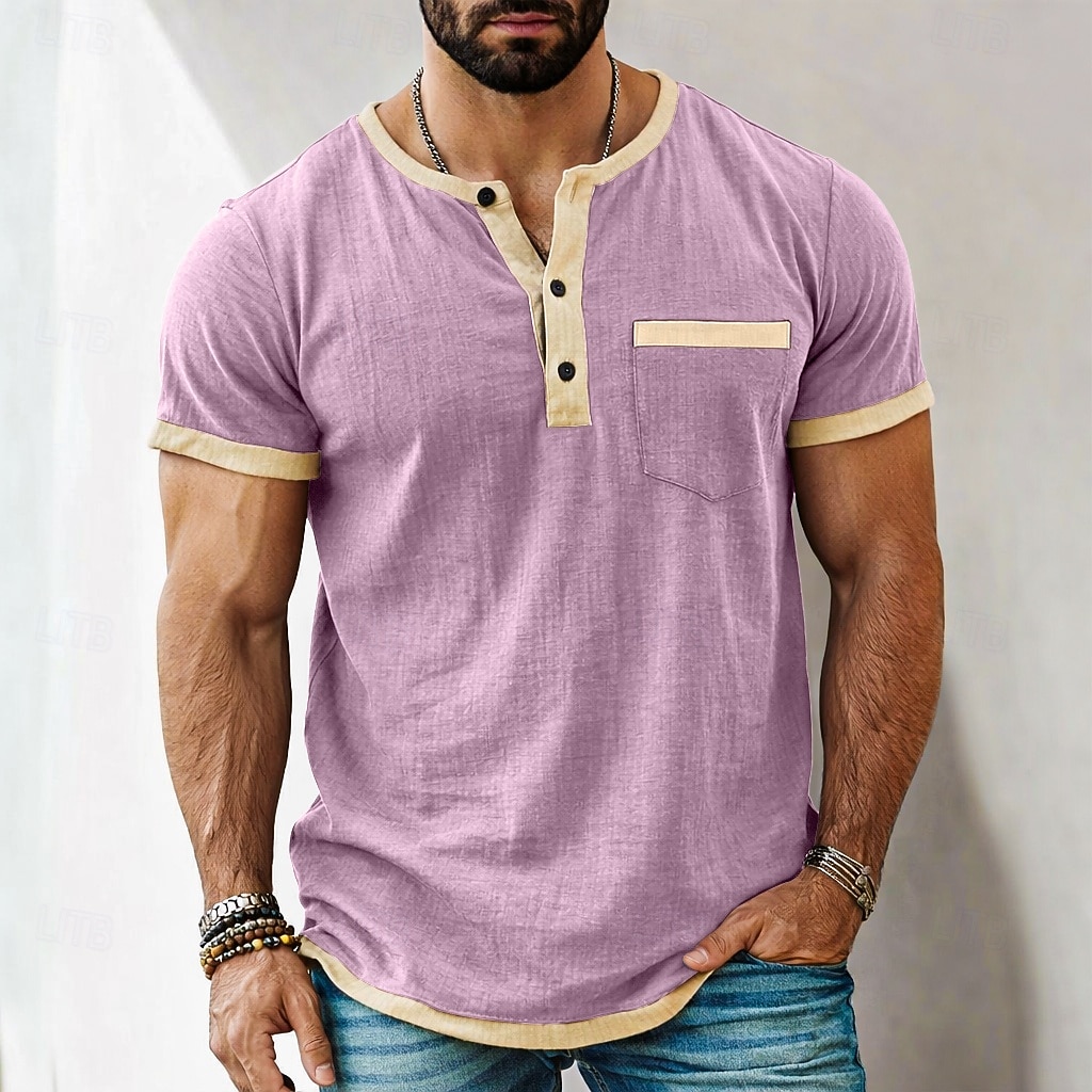 Heren T-shirt Henley-shirt T-shirts Shirt met korte mouwen Korte mouw Henley Zomer Lente Lente zomer Kleurenblok Effen Modieus Ontwerper Basic Zak Vakantie Straat Uitgaan Zwart Blauw Blozend Roze Top 2026 - $21.99 –P10