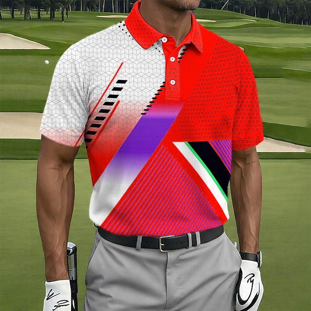 Men's Geometic Golf Sports Polo Shirts Short Sleeve Polo Shirts Collared Shirts Casual Athleisure Buttons Summer Spring Blue Yellow Red 2026 - $21.99 –P3
