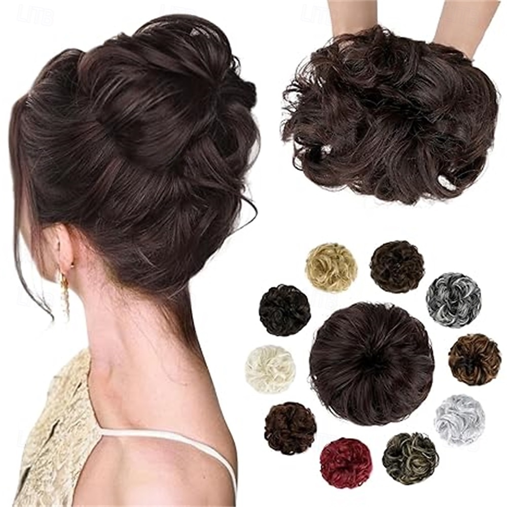 aplique de cabelo coque bagunçado, ondulado e cacheado, scrunchie volumoso, penteado elegante com coque alto para mulheres e meninas, castanho escuro de 2026 por $12.99 –P4