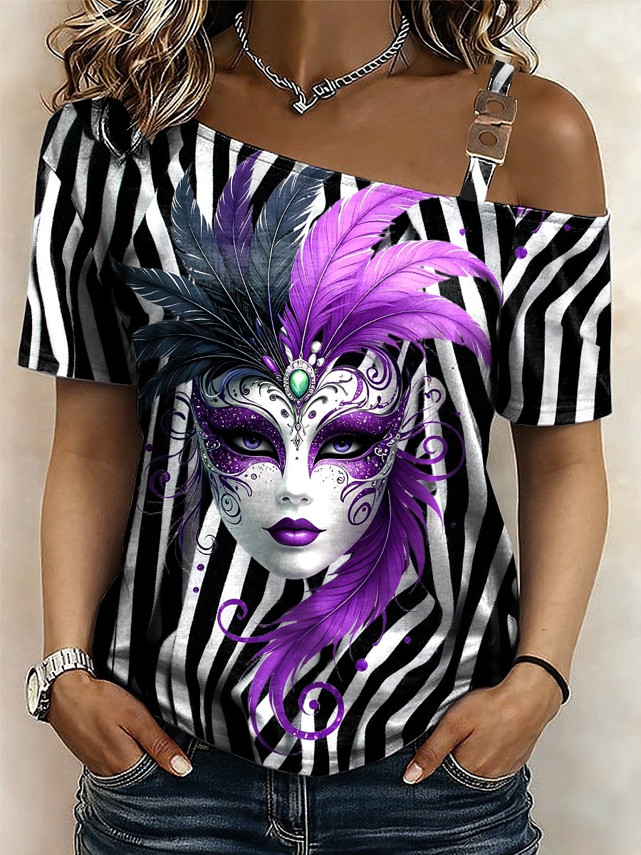 Mardi Gras Dámské Tričko Grafika Tropický vzhled Havajské stylové Krátký rukáv Asymetrický krk Crop Tops Svatba na pláži Denní Sport Bílá / černá Bílá Žlutá Světle zelená Fialová Léto Jaro 2026 - $21.99 –P7