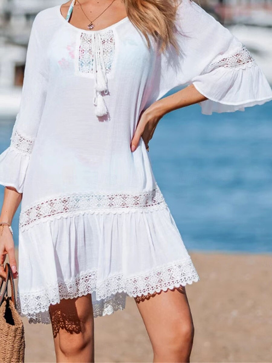 Women's Mini Dress White Dress Beach Dress Cover Up Elegant Fashion Classic Flare Cuff Sleeve Daily Outdoor Beach Loose Fit Plain Half Sleeve Crew Neck White Summer Spring 2026 - $32.99 –P1