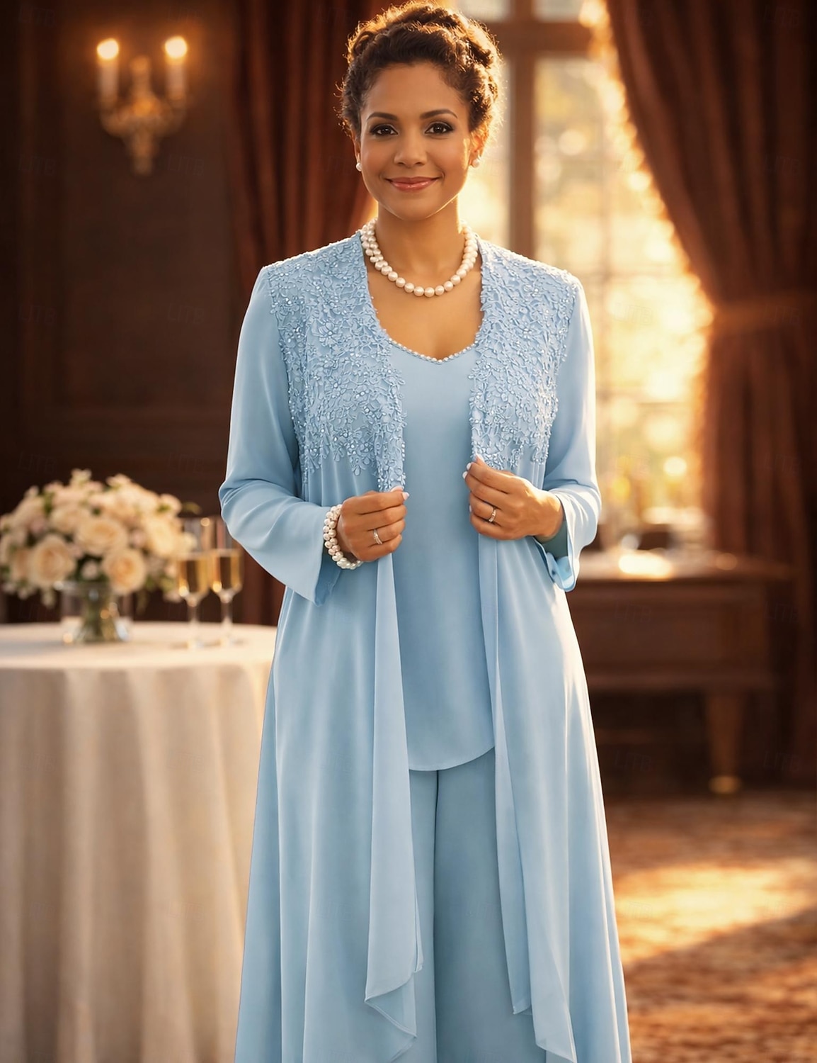 Tuta Completo Pantalone Tre Pezzi Lunghezza al pavimento Abito da cerimonia per signora Senza Maniche Scollo a V Elegante Festa Formale Ospite di nozze Pizzo Misto Lino-Cotone Abiti con Giacca con del 2026 a $229.99 –P3