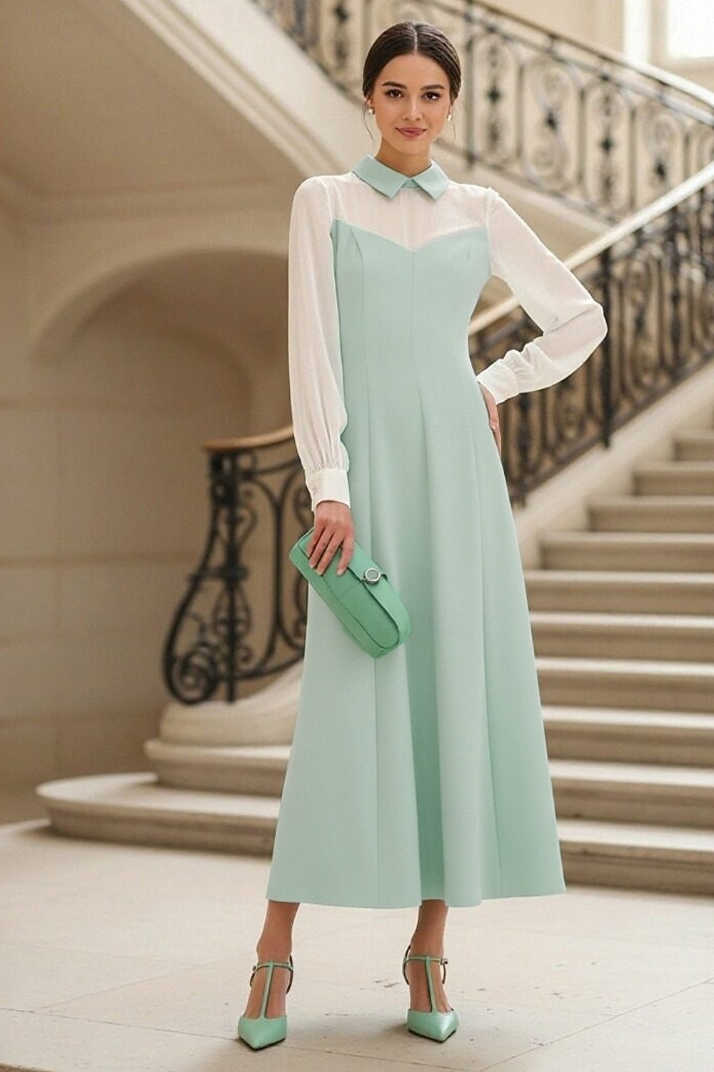 Linea ad A Lunghezza alla caviglia Vestito da Festa Abito da Cocktail Abito da invitata a nozze Abito da cerimonia per signora Manica Lunga Colletto a Camicia Elegante Formale Ospite di nozze Chiffon del 2026 a $126.99 –P2