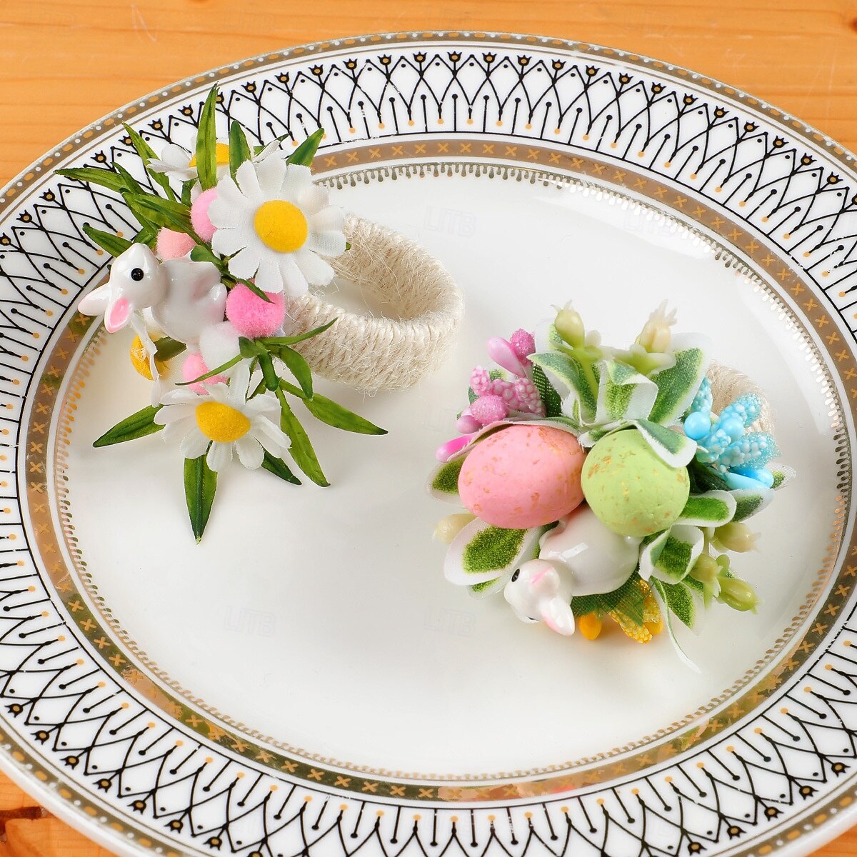 6 st servettringar med påskhare, servetthållare med vårblommor och kanin, spräckliga ägg och prästkragar, bordsdekorationer i lantlig stil för påskmiddag, gröna servettringar 2026 - $19.99 –P11