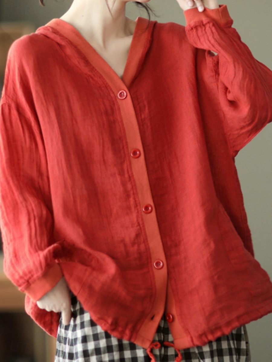 Femmes Chemises en coton et lin Boutons Couleur Unie ancien Basique Occasionnel manche longue À capuche Hauts Réguliers Quotidien Bleu Blanche Rouge Abricot Été Printemps Automne de 2026 ? $29.99 –P8