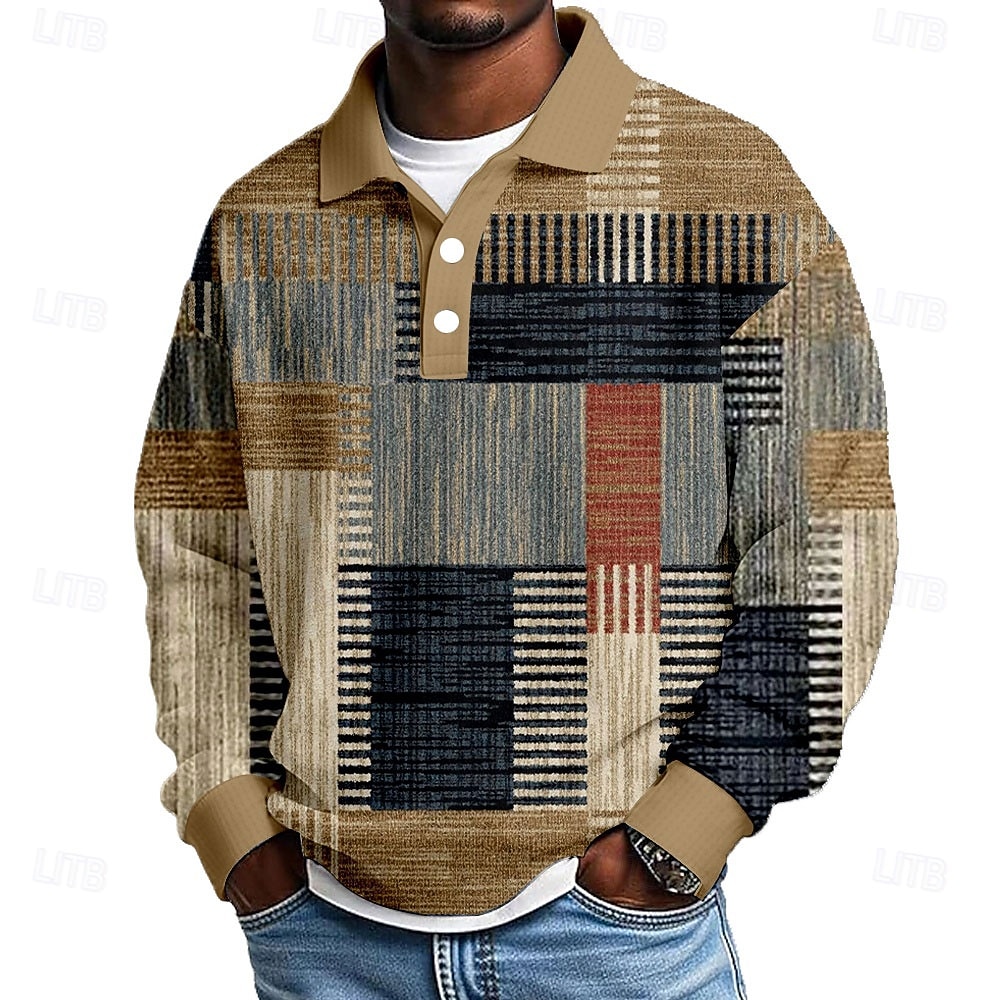 Homme Géométrique Bloc de Couleur Chemises Polo Gaufre Texturé manche longue Polos Revers Occasionnel Athleisure Tenue quotidienne Impression 3D Printemps Automne Hiver Bleu Violet Marron de 2026 ? $12.99 –P1