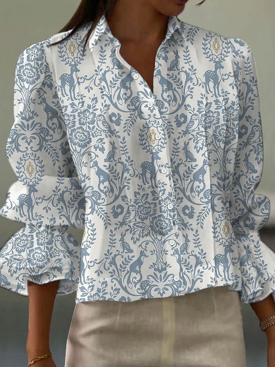 Mujer Camisa Volante Floral Graphic Elegante Bohemia Vintage Manga Larga Cuello Camisero Tops regulares Diario Trabajo Festivos Azul Piscina Blanco Naranja Beige Verano Primavera 2026 - $34.99 –P3