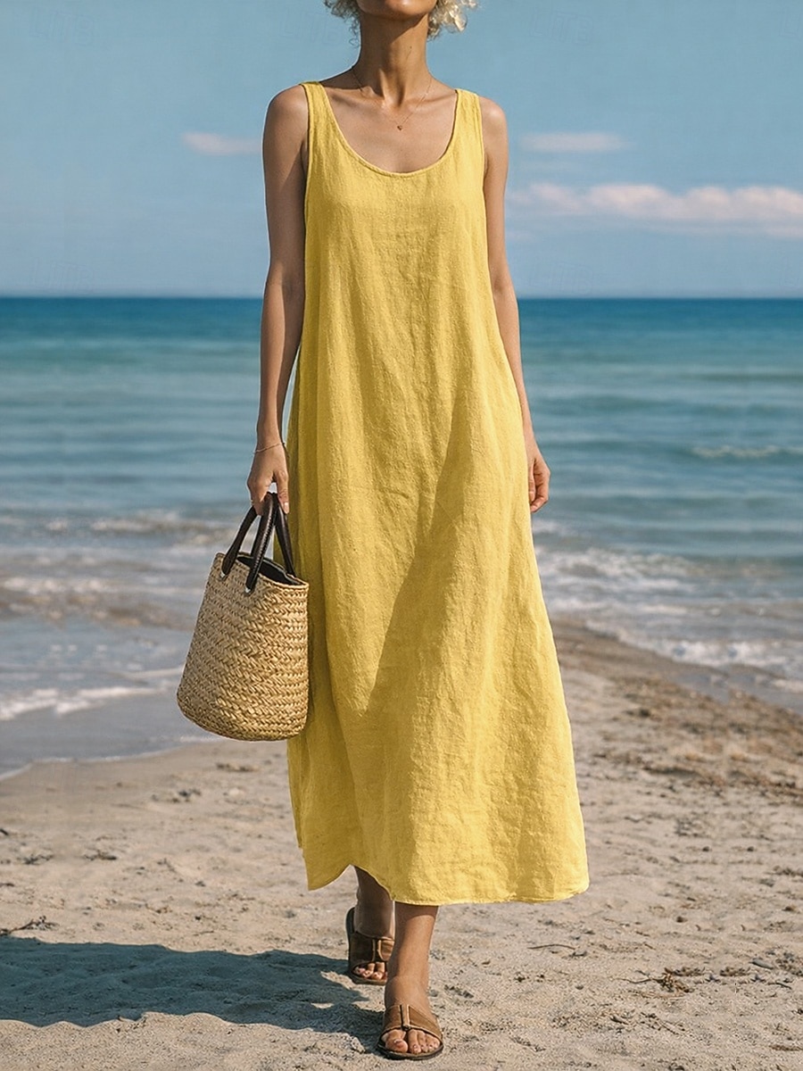 Per donna Abito maxi Finto cotone e lino Abito a Tubino Abito Estivo Abito Sottoveste Casual Spiaggia Quotidiano Vestibilità comoda Semplice Senza Maniche Collo a U Blu blu navy Giallo Rosso Estate del 2026 a $27.99 –P2