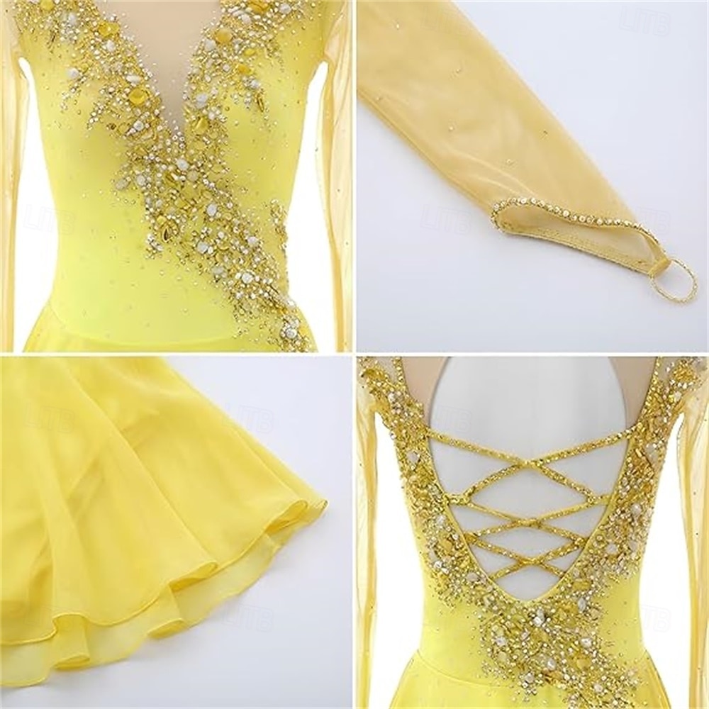 Robe de patinage artistique Femmes Patinage Robe Bleu marine Noir Jaune Patchwork Trou de pouce Élastique Entraînement Compétition Tenue de Patinage Classique cristal pailleté manche longue Patinage de 2026 ? $275.09 –P2